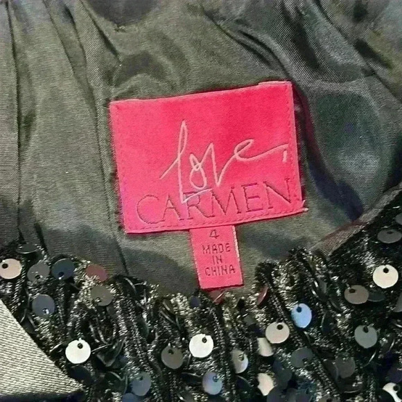 Love, Carmen Short Black Sequin Lined Dress w/ Satin Bow 100% Poly Womens Size 4 - Picture 12 of 13